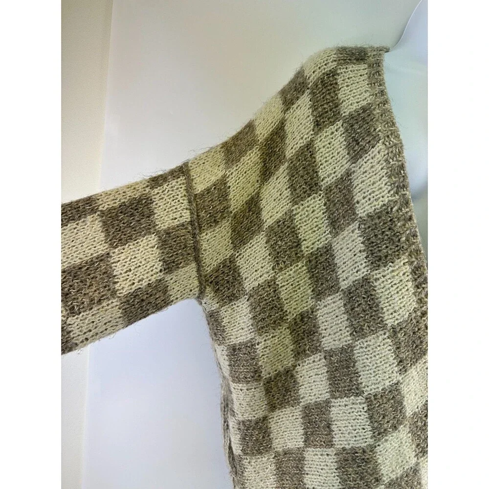 Grade And Gather Checkered Sweater Cardigan Open Chunky Heavy Knit Small Medium - Picture 4 of 16